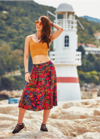 Floral Patterned Elastic Waistband Red Midi Skirt