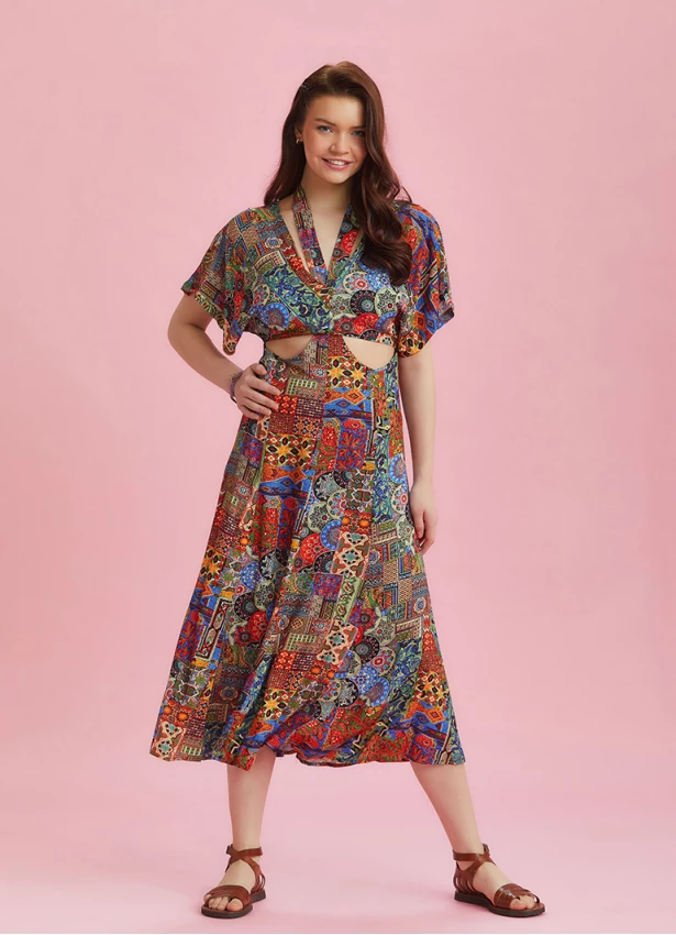 Boho Chic Style Ethnic Printed Cut Out Dress
